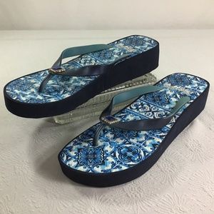 Brighton Tile Print Blue/White Wedge Flip Flops